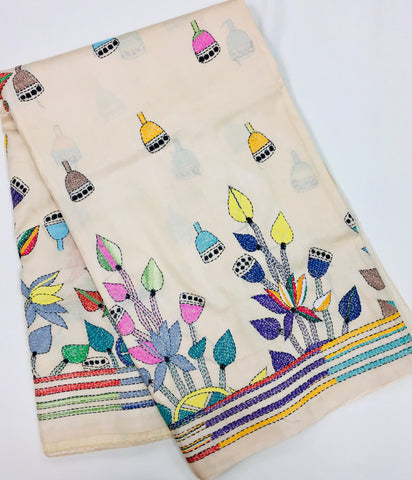 KSN219 Pure Silk Kantha Tussar Saree in beige. Comes with stitched blouse. Fall peco done.