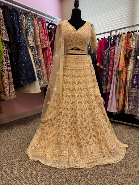 AFL2005- Beige heavy work lehenga with bead and sequin work. Comes with dupatta and belt