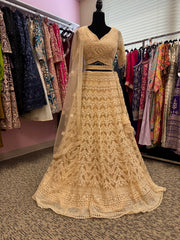 AFL2005- Beige heavy work lehenga with bead and sequin work. Comes with dupatta and belt