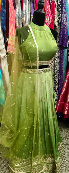 AFL9036 lehenga in green . Comes with matching stitched blouse and dupatta.
