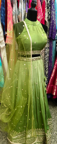 AFL9036 lehenga in green . Comes with matching stitched blouse and dupatta.