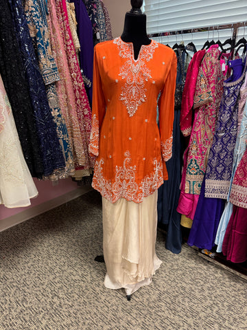 KKD011- Orange kurta with beautiful bead work and dhoti pants