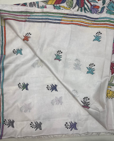 KSN208: Semi Silk Kantha Tusser Saree in white hand work design. Fall Peco done. Comes with stitched Blouse size 38 it can be altered to 44 size.