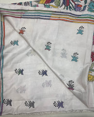 KSN208: Semi Silk Kantha Tusser Saree in white hand work design. Fall Peco done. Comes with stitched Blouse size 38 it can be altered to 44 size.