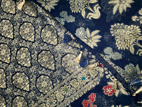 BKS104 Banarasi Georgette saree in blue. Comes with stitched blouse size 38 can be altered to size 42. Fall peco done.
