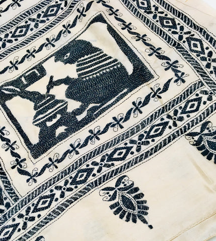KSN220 Pure Silk Kantha Tussar Saree in Beige. Comes with stitched blouse.Fall peco done.