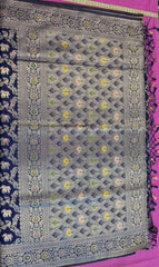 semi silk banarasi Saree in Blue with Zari Border. Comess with stitched blouse size 38 can be altered up to 44