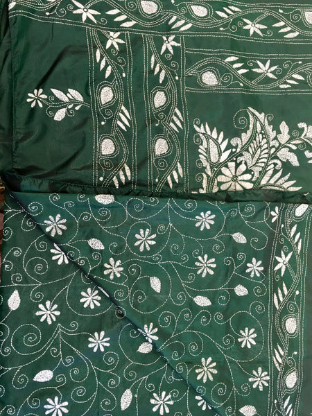 KSN201 - Semi Silk Kantha Tusser Saree in bottle green hand work design. Fall Peco done. Comes with stitched Blouse size 38 it can be altered to 44 size.