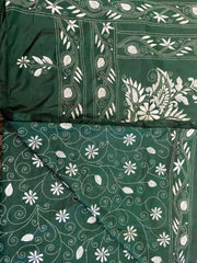 KSN201 - Semi Silk Kantha Tusser Saree in bottle green hand work design. Fall Peco done. Comes with stitched Blouse size 38 it can be altered to 44 size.