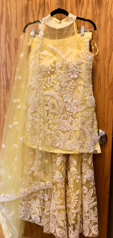 AFL2034-Party wear set in yellow with heavy embroidery work.Come with sharara pant and dupatta.
