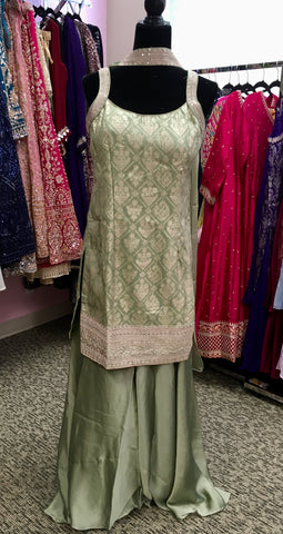 AFL2028- Banarasi silk suit come with gold Zaria work on top.Comes with sharara pant and necklace dupatta.