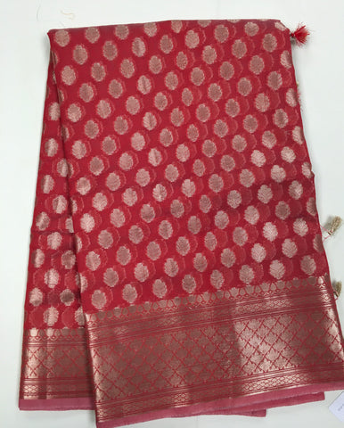 BKS140 Cotton Banarasi Saree in red. Comes with stitched blouse size 38 can be altered to size 42. Fall peco done.