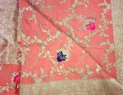BKS110 Banarasi Georgette saree in peach. Comes with stitched blouse size 38 can be altered to size 42. Fall peco done.