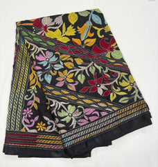 KSN204: Semi Silk Kantha Tusser Saree in black hand work design. Fall Peco done. Comes with stitched Blouse size 38 it can be altered to 44 size.