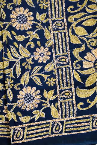 KSN229 Pure Silk Kantha Tussar Saree in green. Comes with stitched blouse. Fall peco done.