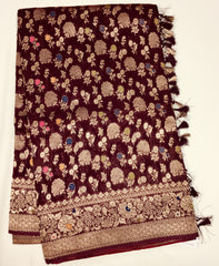 BKS108 Banarasi Georgette saree in brown. Come with stitched blouse size 38 can be altered to size 42. Fall peco done.