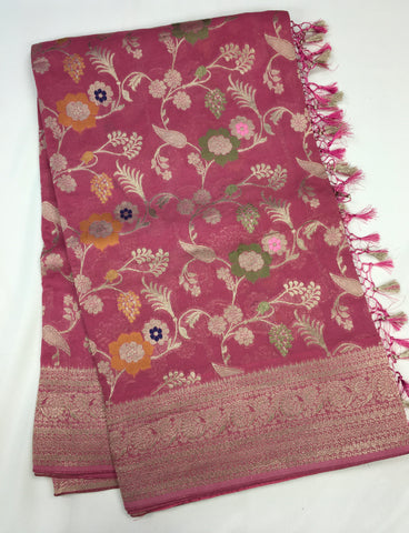BKS101 Banarasi Georgette saree in pink. Comes with stitched blouse size 38 can be altered to size 42. Fall peco done.