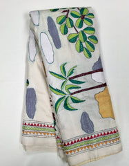 KSN222 Pure Silk Kantha Tussar Saree in beige. Comes  with stitched blouse.