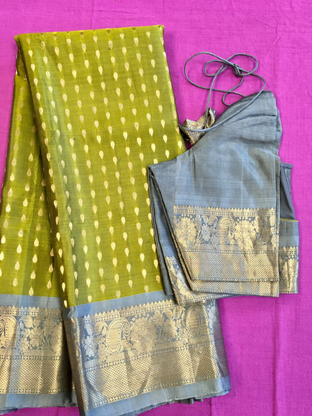 Pure kanchipuram Handloom  silk Saree in Green with Gray border. Comess with stitched blouse size 38 can be altered up to 44 size.