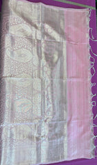 Semi Raw mango Saree in pink with Silver  Zari Border.Fall peco done. Comess with stitched blouse size 38 can be altered up to 44