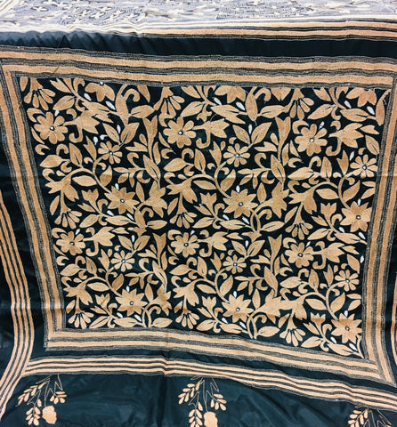 KSN214 Semi Silk Kantha Tusser Saree in black. Comes with stitched Blouse. Fall peco done.