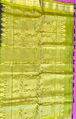 Pure kanchipuram Handloom Silk Saree in navy blue with Green Border. Comes with Stitched Blouse size 38 can be altered up to 44 size.