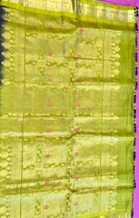 Pure kanchipuram Handloom Silk Saree in navy blue with Green Border. Comess with Stitched Blouse size 38 can be altered up to 44 size.
