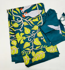 KSN225 Pure Silk Kantha Tussar Saree in Green. Comes with stitched blouse. Fall peco done.