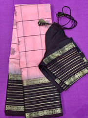 KSS431 Pure handloom kanchipuram silk Saree in pink with brown gold zari border.comes with stitched blouse size 40,can be altered to 44 size.
