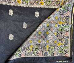 Banarasi Tussari saree in Black with paithani border.Fall peco done. Comess with stitched blouse size 38 can be altered up to 44 size.