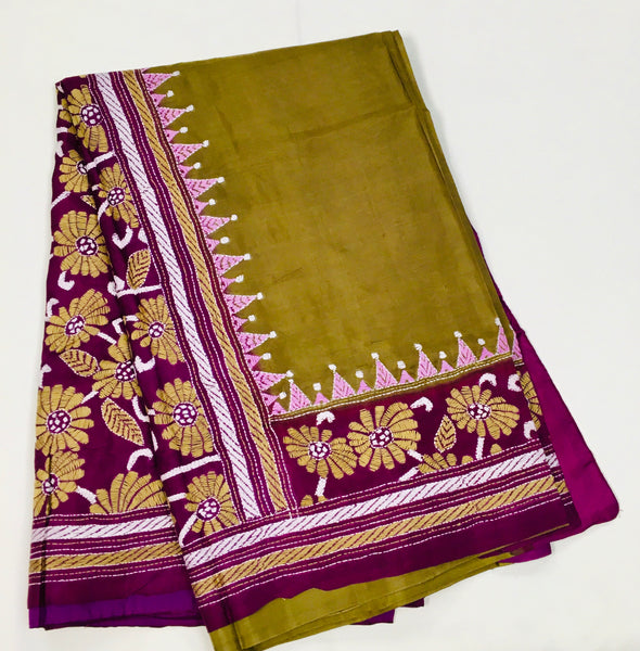 KSN228 Pure Silk Kantha Tussar Saree in green. Comes with stitched blouse. Fall peco done.