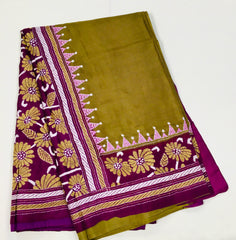 KSN228 Pure Silk Kantha Tussar Saree in green. Comes with stitched blouse. Fall peco done.