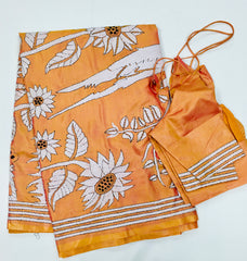 KSN213 Semi Silk Kantha Tusser Saree in yellow. Comes with stitched Blouse.