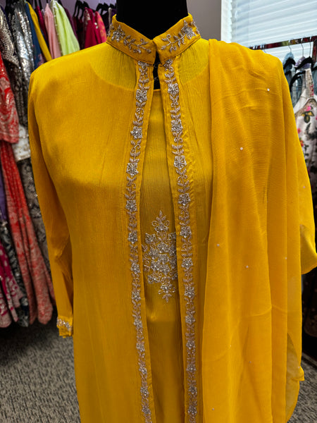 Pnk436: Orange and Yellow long Kurti with Cape and Pants and dupatta