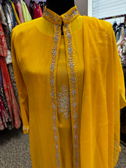 Pnk436: Orange and Yellow long Kurti with Cape and Pants and dupatta