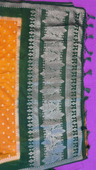 Banarasi Munga silk  saree in yellow  with Bottle Green border. Fall peco done. Comes with stitched blouse size 38 can be altered up to 44 size.