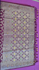 semi silk banarasi Saree in wine with Zari Border. Comess with stitched blouse size 38 can be altered up to 44