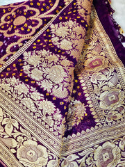 BKS 017 -  Pure Khaddi Georgette Bandhej Banarasi Sari with Gold Zari work. Comes with Unstitiched Blouse.