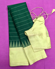 KSS425 Pure handloom kanchipuram silk Saree in bottle green with gold zari border.comes with stitched blouse size 40,can be altered to 44 size.