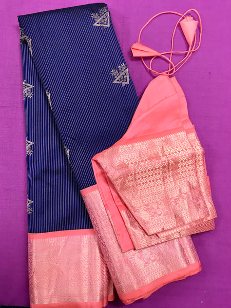 KSS445 Pure handloom kanchipuram silk Saree in navy blue with pink gold zari border.comes with stitched blouse size 40,can be altered to 44 size.