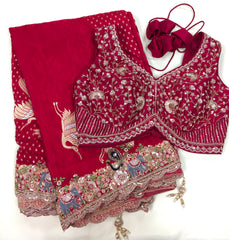 AFL8004 Pure banarasi crepe tissue saree in pink with heavy hand embroidery party wear Saree.comes with stitched blouse size 38 can be altered to 44 size.