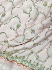 AFL3059 Partywear Saree in pink with sequins and bead work.Comes with stitched blouse size 40,can be altered to44 size.Fall peco done.