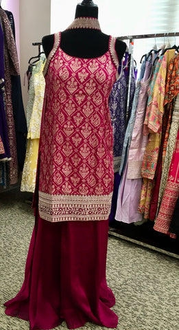 AFL2031- Banarasi silk suit come with gold Zaria work on top.Comes with sharara pant and necklace dupatta.