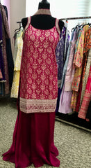 AFL2031- Banarasi silk suit come with gold Zaria work on top.Comes with sharara pant and necklace dupatta.