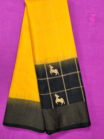 KSS443 Pure handloom kanchipuram silk Saree in brown with yellow gold zari border.comes with stitched blouse size 40,can be altered to 44 size.