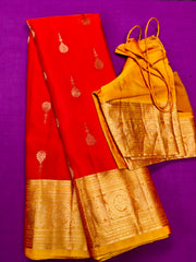 KSS410 Pure handloom kanchipuram silk Saree in Orange with yellow gold zari border.comes with stitched blouse size 40,can be altered to 44 size.