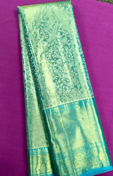 KSS447 Pure kanchipuram tissue silk Saree in blue with gold zari work.comes with stitched blouse size 40,can be altered to 44 size.