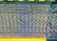 KSS426 Pure handloom kanchipuram silk Saree in green with blue gold zari border. Comes with stitched blouse size 40