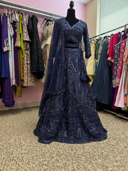 AFL2004-Blue heavy lehenga with bead and sequin work. Comes with dupatta and belt