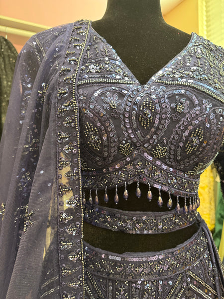 AFL2004-Blue heavy lehenga with bead and sequin work. Comes with dupatta and belt